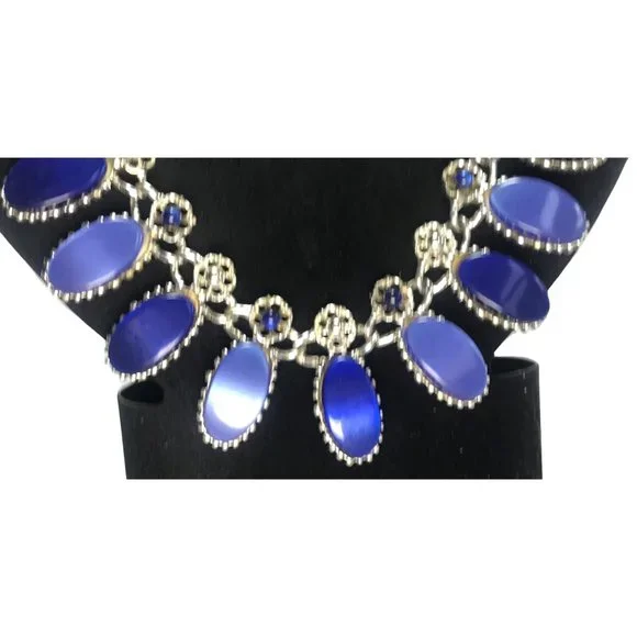 1950s Silver Tone Blue Moon Glow Thermoset Statement Choker Necklace MCM - Picture 2 of 4